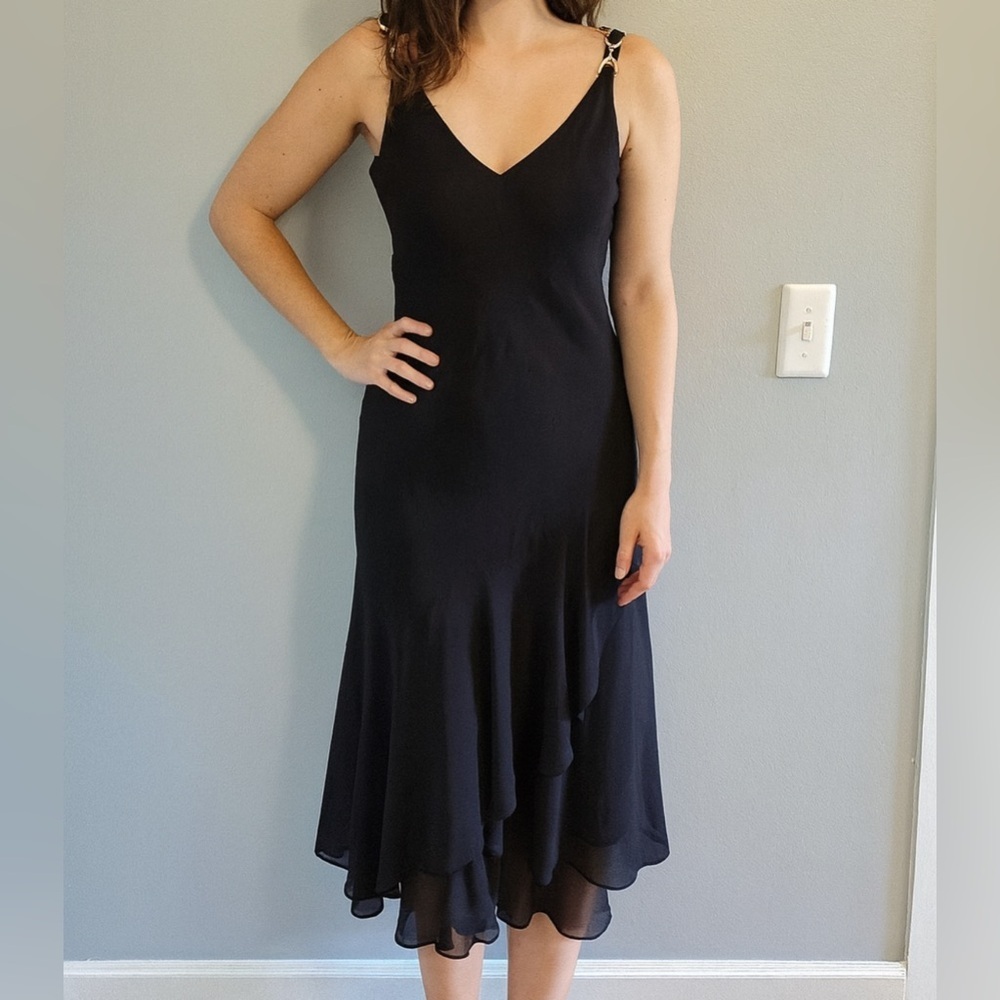 goth punk 90s 2000s coquette Y2K Vintage Black Tiered Slip Dress Size 6P Petite